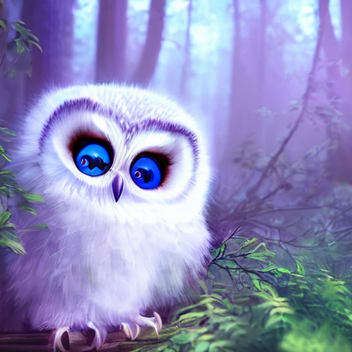 white Glowing cute baby owl in the fantastic forest, purple eyes, highly detailed wing, digital art, sharp focus, trending on art station, trees, bushes,3D, dramatic lighting, cinematic lighting, detailed surroundings, by bandai namco artist