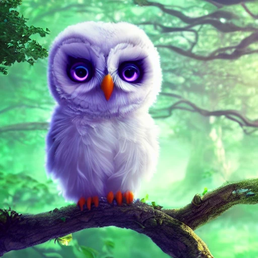 white Glowing cute baby owl in the fantastic forest, purple eyes, highly detailed wing, digital art, sharp focus, trending on art station, trees, bushes,3D, dramatic lighting, cinematic lighting, detailed surroundings, by bandai namco