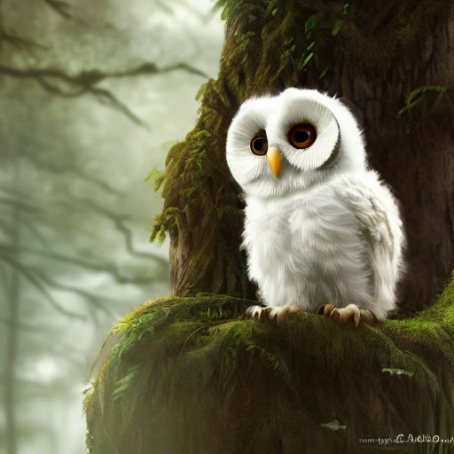 white Glowing cute baby owl in the fantastic forest, dark brown eyes, highly detailed wing, digital art, sharp focus, trending on art station, trees, bushes,3D, dramatic lighting, cinematic lighting, detailed surroundings, by bandai namco