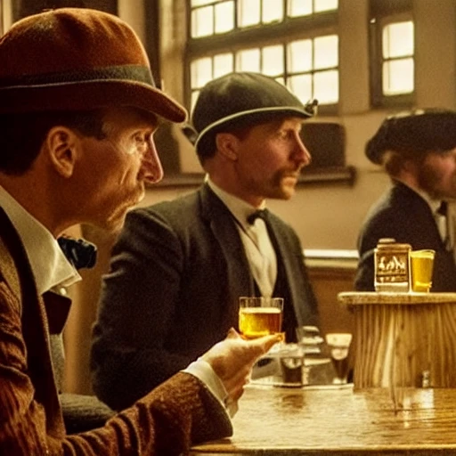 peaky blinders style, cat drinking whisky in a bar, cinematic, hig detail, dramatic