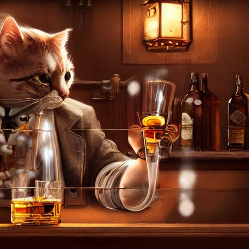 cat drinking whisky in a bar, highly detailed, concept art, 4k, steampunk