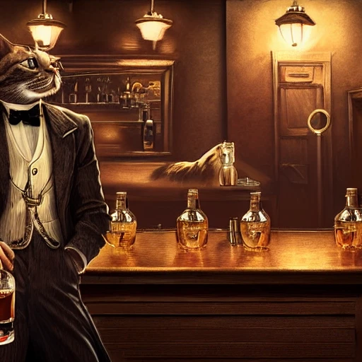 cat drinking whisky in a bar, highly detailed, concept art, 4k, steampunk, peaky blinders style