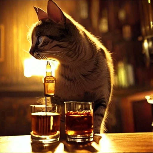 cat drinking whisky in a bar, highly detailed, cinematic, 4k, steampunk, peaky blinders style