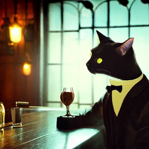 cat drinking whisky in a bar, highly detailed, cinematic, 4k, steampunk, peaky blinders style, blue