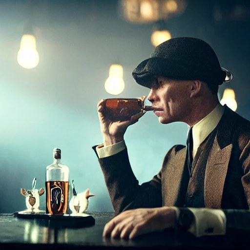 cat drinking whisky in a bar with the peaky blinders, highly detailed, cinematic, 4k, steampunk, peaky blinders style, blue light