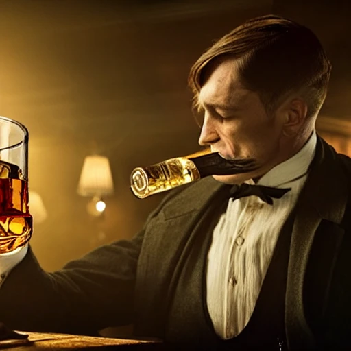 a cat drinking whisky in a bar with the peaky blinders, highly detailed, cinematic, 4k, steampunk, peaky blinders style, blue light