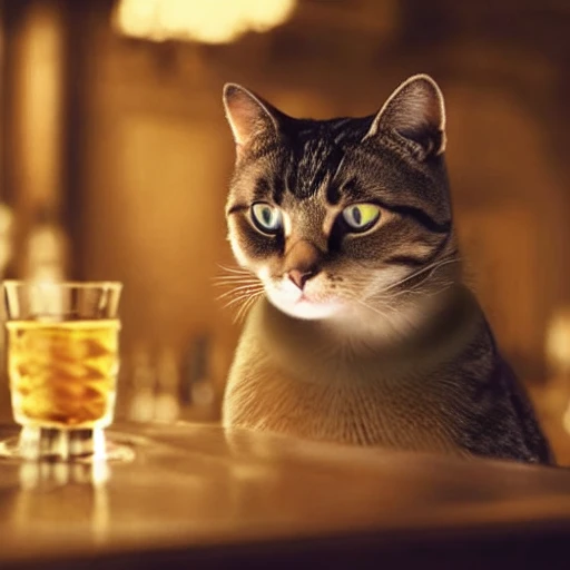 a cat with a peaky blinders haircut drinking whisky in a bar, highly detailed, cinematic, 4k, blue light