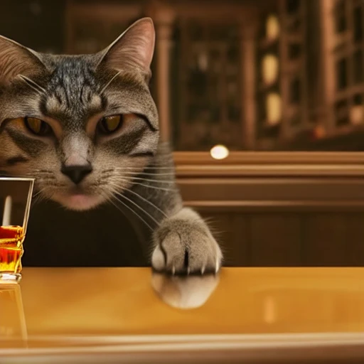 a cat with a thomas shelby haircut drinking whisky in a bar, highly detailed, cinematic, 4k