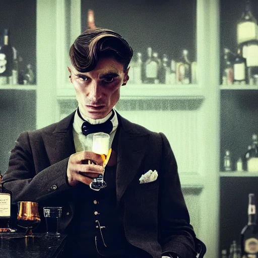 a cat in a suit with a thomas shelby haircut drinking whisky in a bar, highly detailed, cinematic, 4k