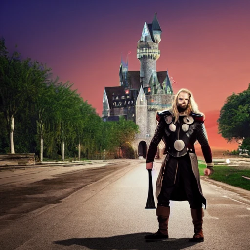 Highly civilized, man standing in the street, Thor, knight, with a beautiful castle in the background