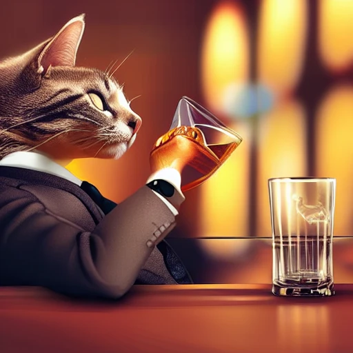 a cat in a suit drinking whisky in a bar, highly detailed, cinematic, 4k, concept art