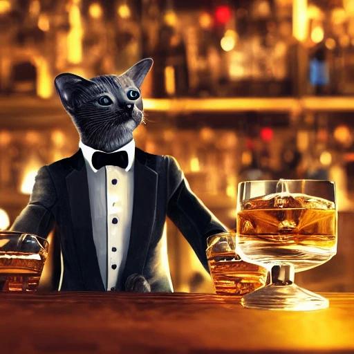 a cyborg cat in a suit drinking whisky in a bar, highly detailed, cinematic, 4k, concept art