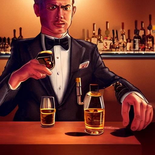 a cyborg cat in a suit drinking whisky in a bar, highly detailed, cinematic, 4k, concept art