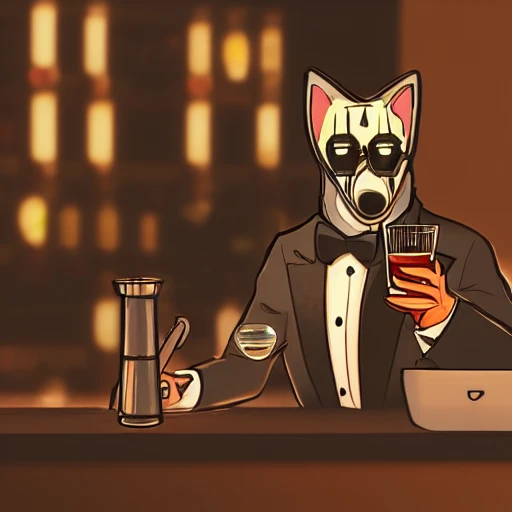 a cyborg cat in a suit drinking whisky in a bar, highly detailed, cinematic, 4k, concept art