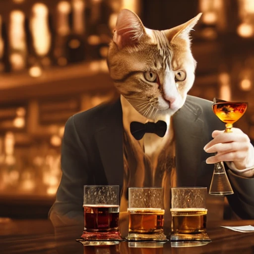 a cat in a suit drinking whisky in a bar, highly detailed, cinematic, 4k, concept art
