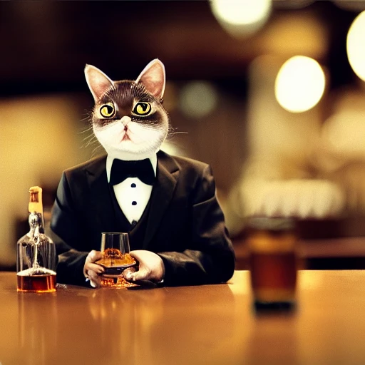 a cat in a suit drinking whisky in a bar, highly detailed, cinematic, 4k
