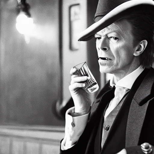 david bowie drinking whisky in a bar, highly detailed, cinematic, 4k, peaky blinders style