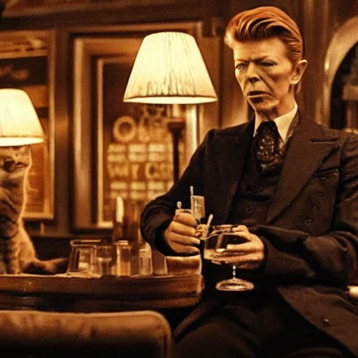 david bowie drinking whisky with a cat in a bar, highly detailed, cinematic, 4k, peaky blinders style