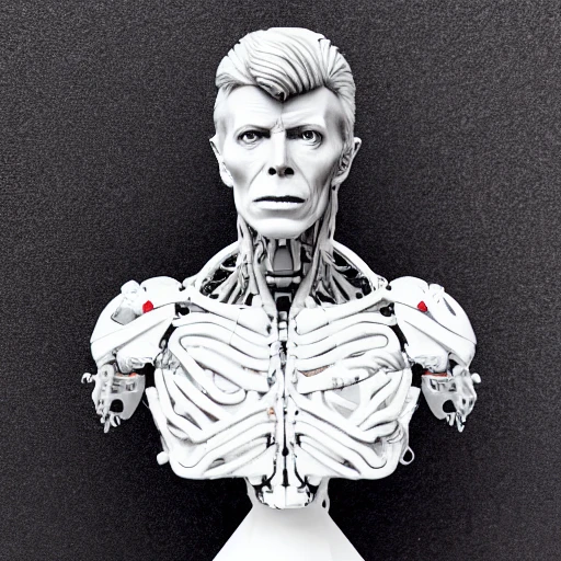 cyborg David Bowie| with a visible detailed brain| muscles cable wires| biopunk| cybernetic| cyberpunk| white marble bust| canon m50| 100mm| sharp focus| smooth| hyperrealism| highly detailed| intricate details| carved by michelangelo