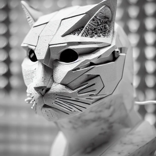 cyborg cat| with a visible detailed brain| muscles cable wires| biopunk| cybernetic| cyberpunk| white marble bust| canon m50| 100mm| sharp focus| smooth| hyperrealism| highly detailed| intricate details| carved by michelangelo