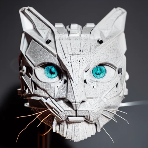 cyborg cat| with a visible detailed brain| muscles cable wires| biopunk| cybernetic| cyberpunk| white marble bust| canon m50| 100mm| sharp focus| smooth| hyperrealism| highly detailed| intricate details| carved by michelangelo