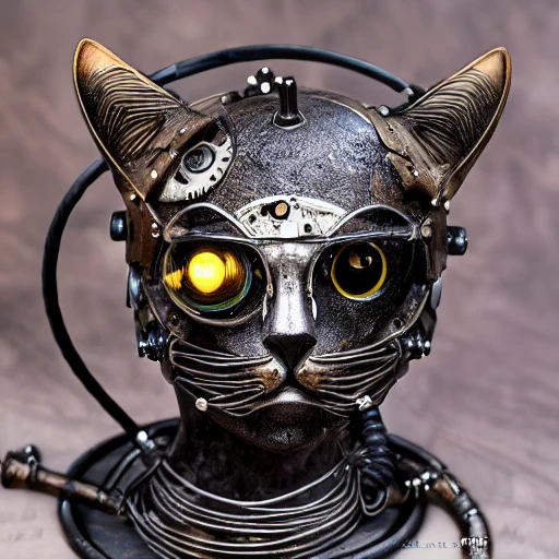 steam punk cat| with a visible detailed brain| muscles cable wires| biopunk| cybernetic| steampunk| black marble bust| canon m50| 100mm| sharp focus| smooth| hyperrealism| highly detailed| intricate details| carved by michelangelo