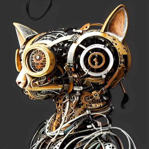 steam punk cat| with a visible detailed brain| muscles cable wires| biopunk| cybernetic| steampunk| black marble bust| canon m50| 100mm| sharp focus| smooth| hyperrealism| highly detailed| intricate details| painted by leonardo da vinci