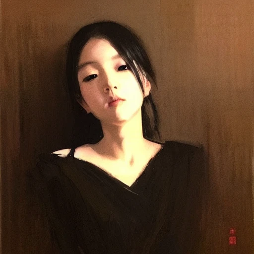 Ruan Jia, female student, night, high detail face, oil painting, black hair, young, cute, 4K, light and shadow, a Japanese classroom in the background
