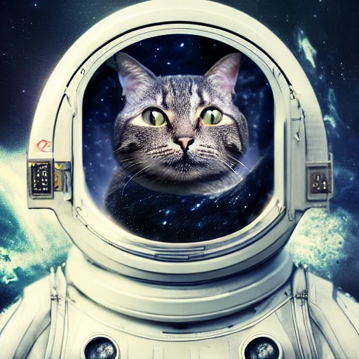 a cat in space suit, in deep space, epic cinematic, extremely detailled, intricate, elegant, highly detailed, trending on artstation, by Tom Bagshaw and Seb McKinnon, 150mm portrait, photography, epic cinematic, octane render , denoise, photograph with a Hasselblad H3DII, extremely detailed