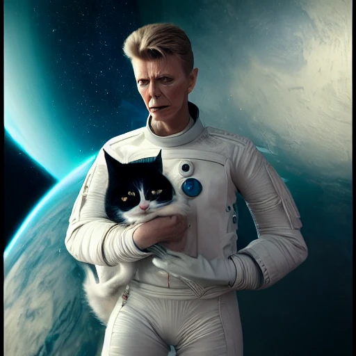 David Bowie holding a cat in a space suit, in deep space, epic cinematic, extremely detailled, intricate, elegant, highly detailed, trending on artstation, by Tom Bagshaw and Seb McKinnon, 150mm portrait, photography, epic cinematic, octane render , denoise, photograph with a Hasselblad H3DII, extremely detailed