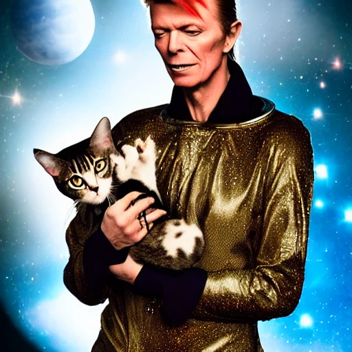 David Bowie holding a cat in a space suit, in deep space, epic cinematic, extremely detailled, intricate, elegant, highly detailed, 150mm portrait, photography, epic cinematic, octane render , denoise, photograph with a Hasselblad H3DII, extremely detailed