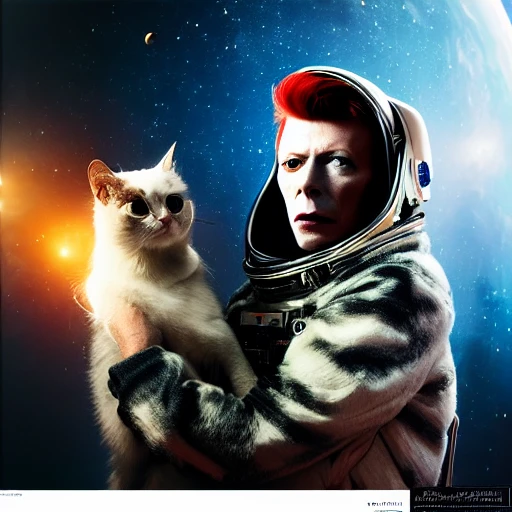 David Bowie, holding a cat in a space suit, in deep space, epic cinematic, extremely detailled, intricate, elegant, highly detailed, 150mm portrait, photography, epic cinematic, octane render, denoise, photograph with a Hasselblad, extremely detailed