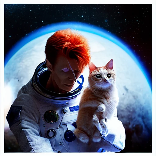 David Bowie, holding a cat in a space suit, in deep space, epic cinematic, extremely detailled, intricate, elegant, highly detailed, 150mm portrait, photography, epic cinematic, octane render, denoise, photograph with a Hasselblad, extremely detailed