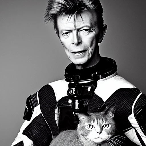 David Bowie in a space suit, holding a black and white cat, in deep space, epic cinematic, extremely detailled, intricate, elegant, highly detailed, 150mm portrait, photography, epic cinematic, octane render, denoise, photograph with a Hasselblad, extremely detailed