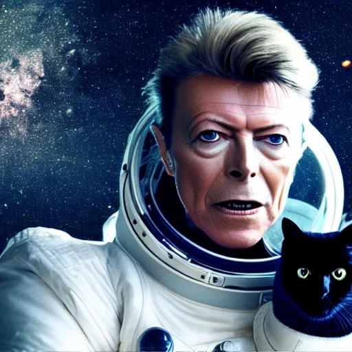David Bowie in a space suit, holding a black cat, in deep space, epic cinematic, extremely detailled, intricate, elegant, highly detailed, 150mm portrait, photography, epic cinematic, octane render, denoise, photograph with a Hasselblad, extremely detailed