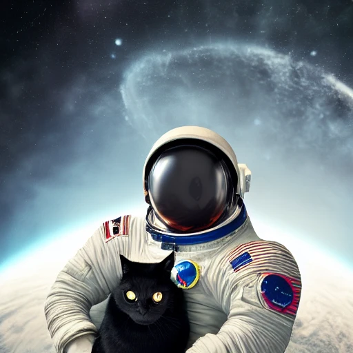 David Bowie in a space suit, holding a black cat, in deep space, epic cinematic, extremely detailled, intricate, elegant, highly detailed, 150mm portrait, photography, epic cinematic, octane render, denoise, photograph with a Hasselblad, extremely detailed