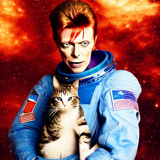 David Bowie in a space suit, holding a cat, in deep space, epic cinematic, extremely detailled, intricate, elegant, highly detailed, 150mm portrait, photography, epic cinematic, octane render, denoise, photograph with a Hasselblad, extremely detailed