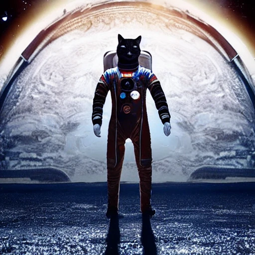 David Bowie in a space suit, he is holding a black cat, while floating in deep space, epic cinematic, extremely detailled, intricate, elegant, highly detailed, photography, epic cinematic, octane render, denoise, photograph with a Hasselblad, extremely detailed