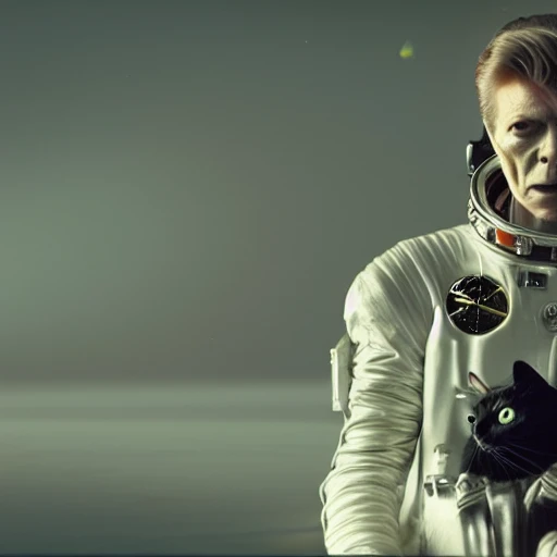 David Bowie in a space suit holding a black cat, deep space, epic cinematic, extremely detailled, intricate, elegant, highly detailed, photography, epic cinematic, octane render, denoise, photograph with a Hasselblad, extremely detailed
