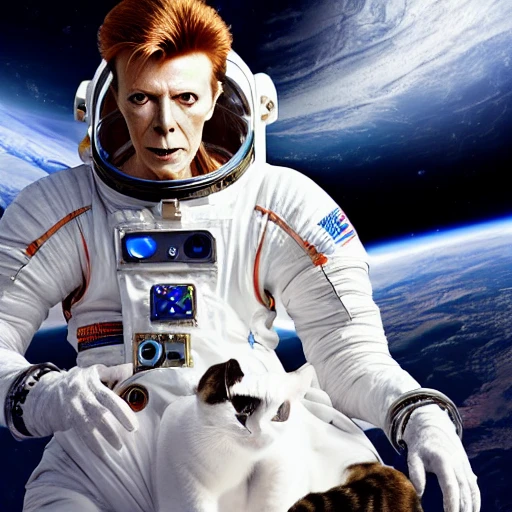 David Bowie in a space suit holding a black cat, deep space, epic cinematic, extremely detailled, intricate, elegant, highly detailed, photography, epic cinematic, octane render, denoise, photograph with a Hasselblad, extremely detailed
