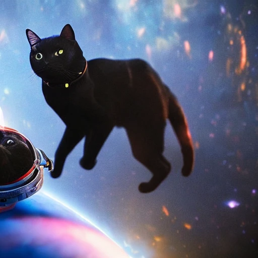 David Bowie in a space suit holding a black cat, deep space, epic cinematic, extremely detailled, intricate, elegant, highly detailed, photography, epic cinematic, octane render, denoise