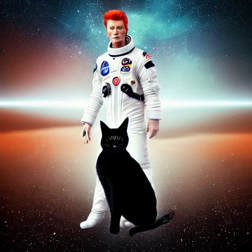 David Bowie in a space suit holding a black cat with white spots, deep space, epic cinematic, extremely detailled, intricate, elegant, highly detailed, photography, epic cinematic, octane render, denoise