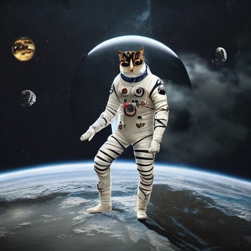Ziggy Stardust in a space suit holding a black cat with white spots, in deep space, epic cinematic, extremely detailled, intricate, elegant, photography, epic cinematic, octane render, denoise
