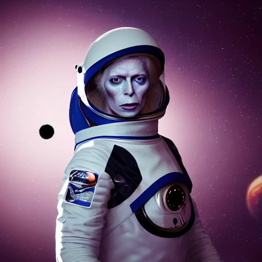 David Bowie with makeup in a space suit holding a black cat with white spots, in a deep space vortex, epic cinematic, extremely detailled, intricate, elegant, photography, epic cinematic, octane render, denoise