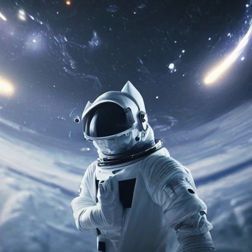 David Bowie with makeup in a space suit holding a black cat with white spots, in a deep space vortex, epic cinematic, extremely detailled, intricate, elegant, photography, epic cinematic, octane render, denoise