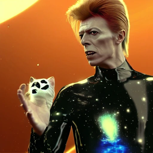 David Bowie with makeup on his face in a space suit, holding a black cat with white spots, in a deep space vortex, epic cinematic, extremely detailled, intricate, elegant, photography, epic cinematic, octane render, denoise