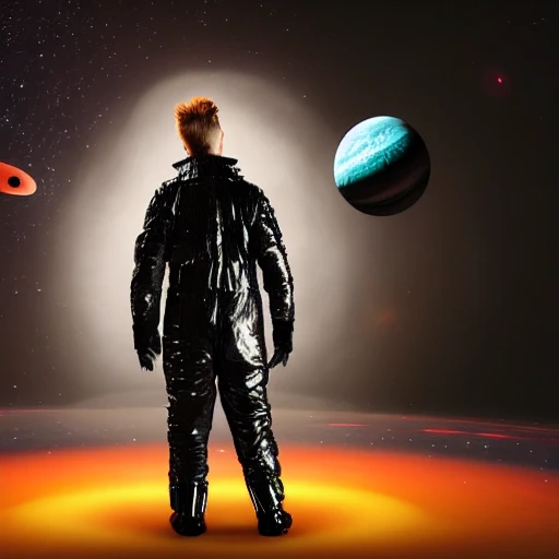 David Bowie in a black space suit, holding a black cat with white spots, in a deep space vortex, epic cinematic, extremely detailled, intricate, elegant, photography, epic cinematic, octane render, denoise