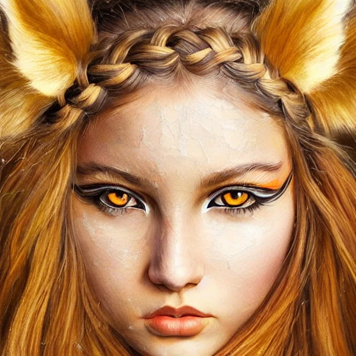 Tiger girl portrait, long hair in a braid, tiger ears, striped fur, pretty visuals, aesthetic, shadow effect, shimmer, glow, golden, glowing, insanely detailed and intricate, highly detailed, artstation by wlop, by artgerm, art by tom bagshaw, atey ghailan, andrew atroshenko, stanley artgerm., Oil Painting
