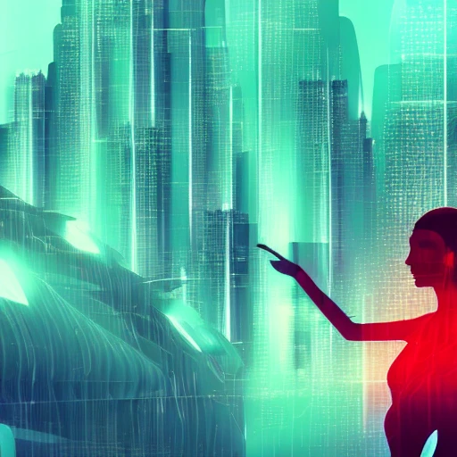 Futuristic landscape, flying buildings, green and red trees, leafs flying around, silhouette of girl wore futuristic clothes, high detailed, cyberpunk cars, night