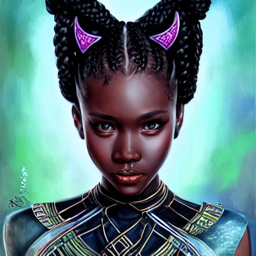 Portrait of a gorgeous black panther shuri with long braided, decorated hair and crystals on cheeks and forehead, wlop and ross tran and sam yang and mandy jurgens, viktoria gavrilenko and bob ross identical eyes, staring eyes